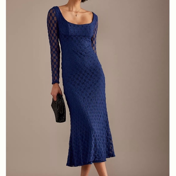 NWT Bardot Adoni Long Sleeve Lace Midi Dress L / US 8 Navy Fitted - Picture 1 of 13